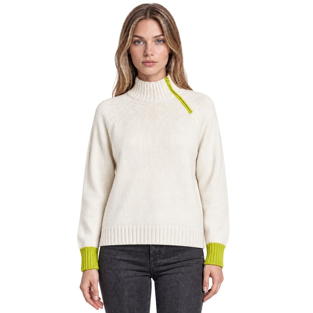 New T by Talbots Sweater Womens Size Medium Cream Lime Green Asymmetric Zip $129